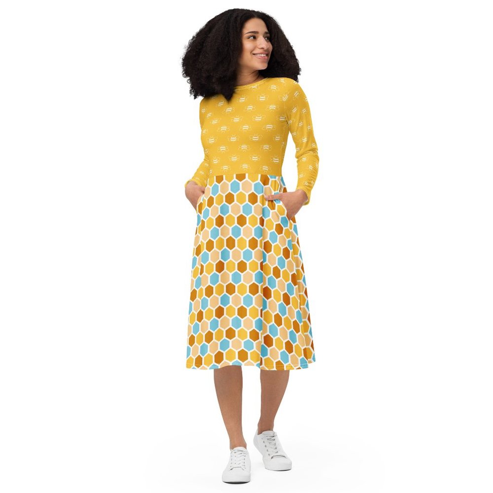Bees Honeycomb Pin Up Long Sleeve Dress
